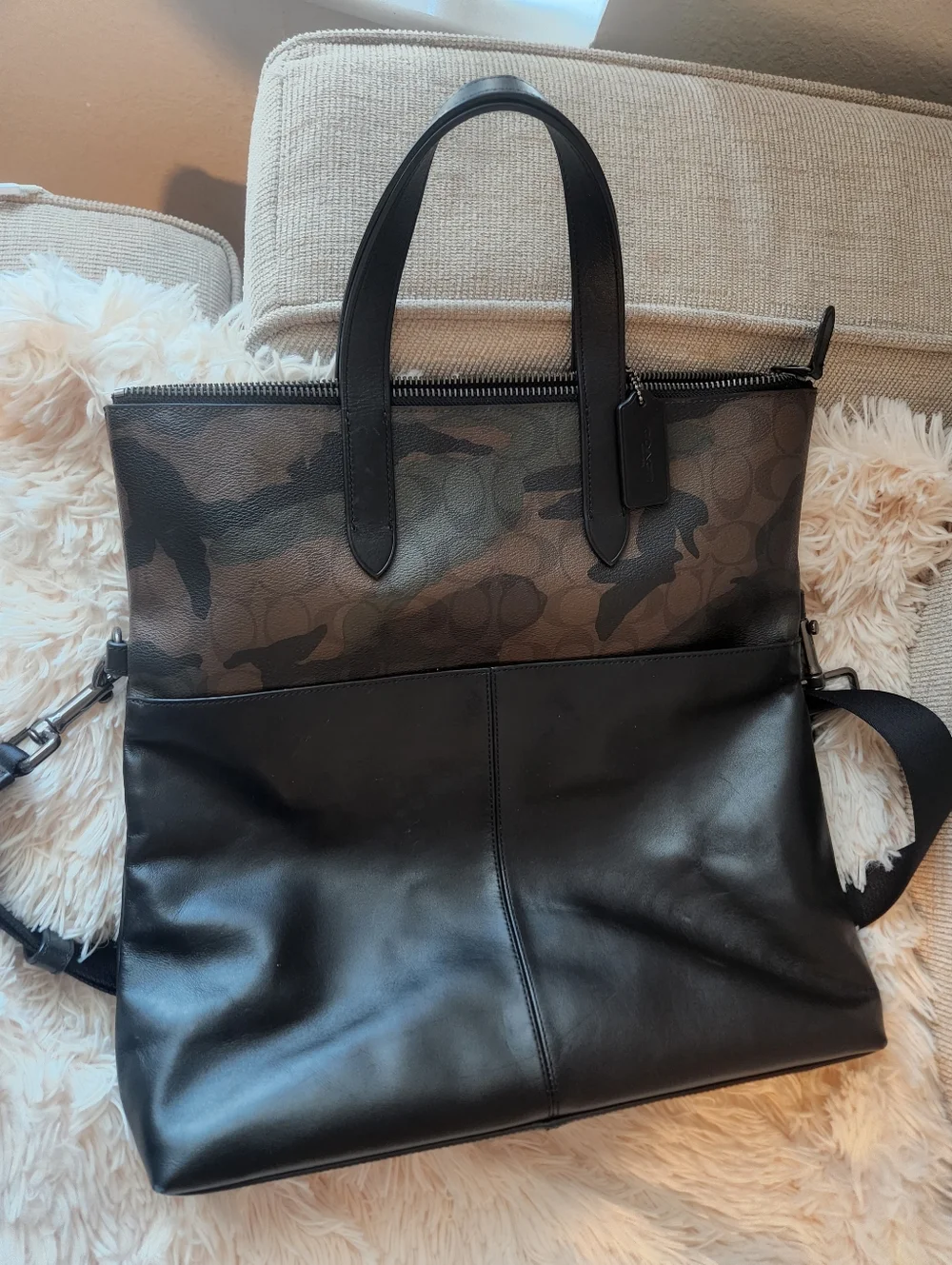 Coach Black Leather Laptop Tote with Dark Camo Panel